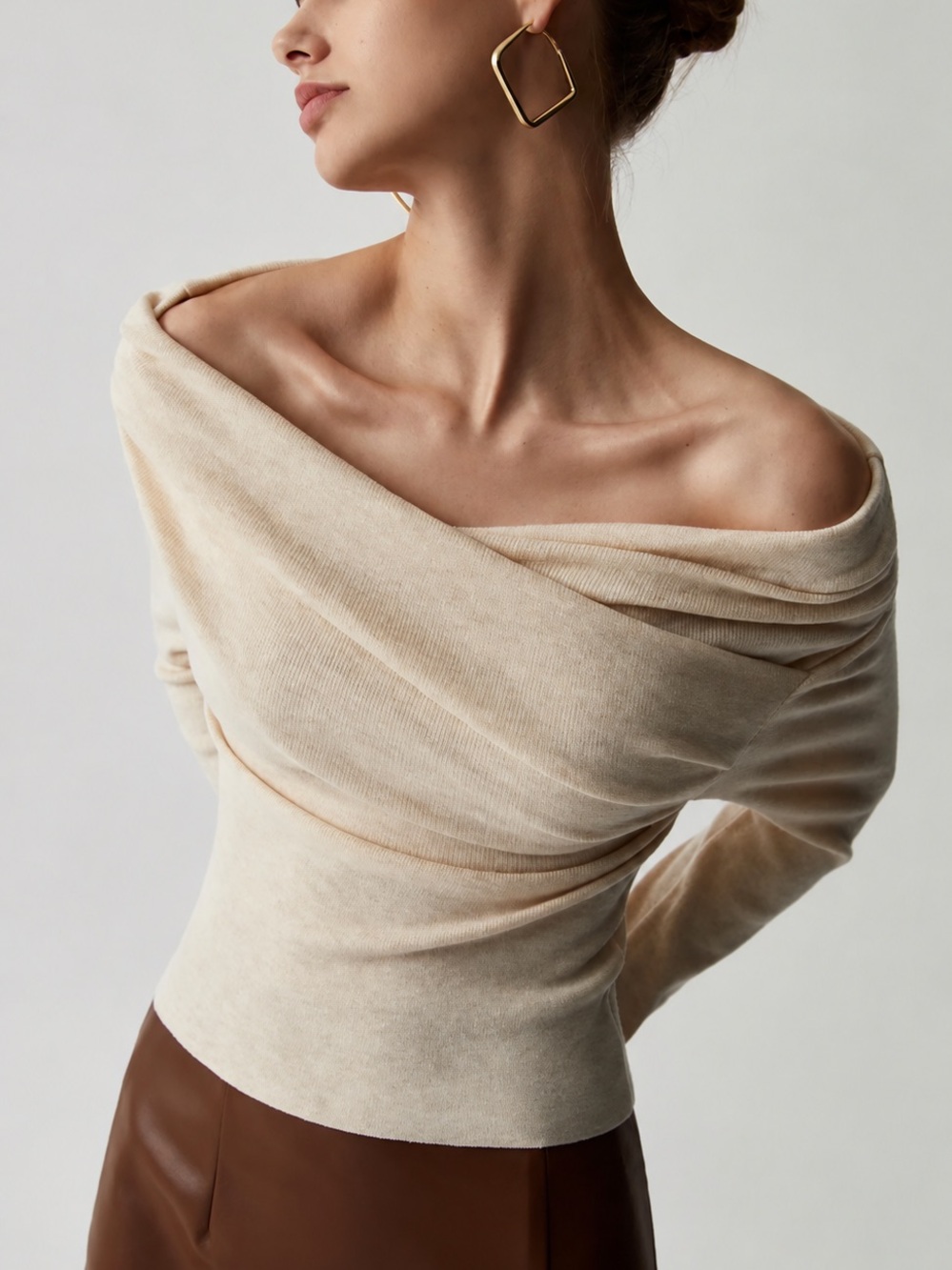 Commense Off Shoulder Wrap Long Sleeve Knit Top Size M Apricot - Picture 8 of 8